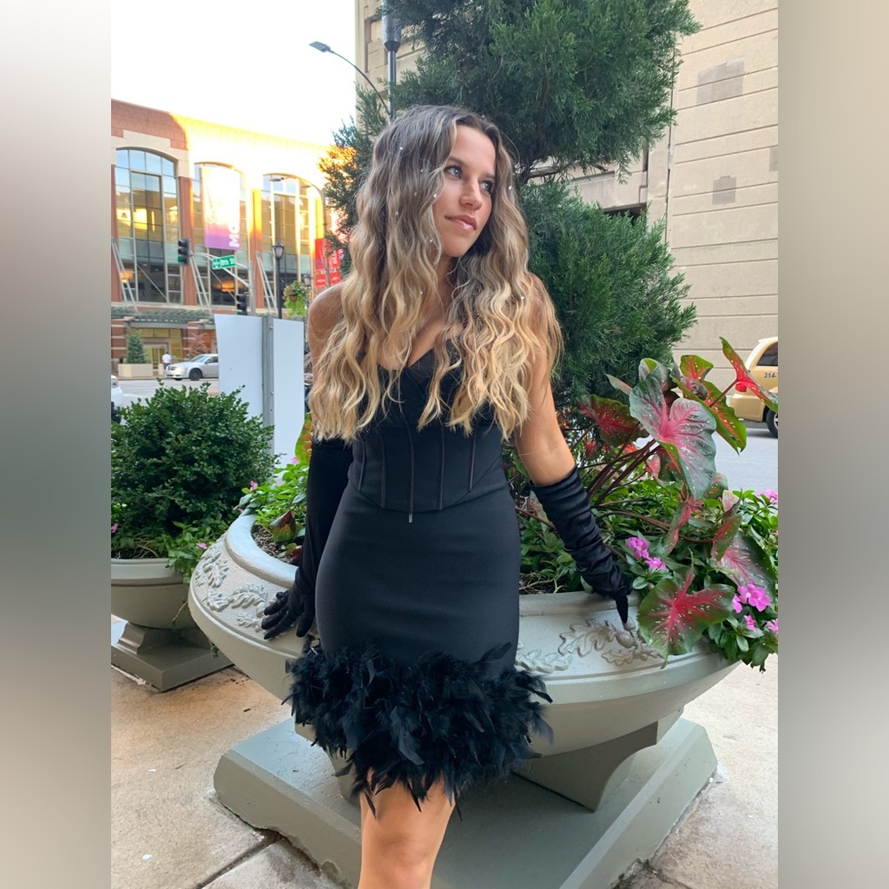Sexy black corset dress with feathered bottom